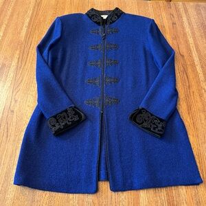 VINTAGE St. John Women’s Cardigan Jacket 12 Blue Embroidered Beaded Wool Blend